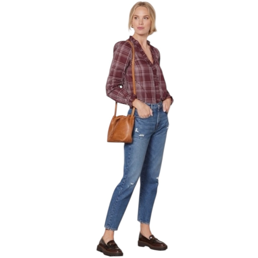 EVEREVE Lillian Plaid Ruffle Button Down Shirt Maroon Size Small—NWOT - Picture 4 of 7